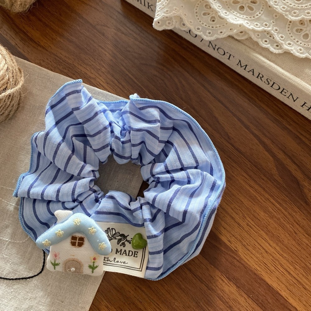 Women's Cute Summer Fabric Hair Tie Blue Cartoon House Pattern