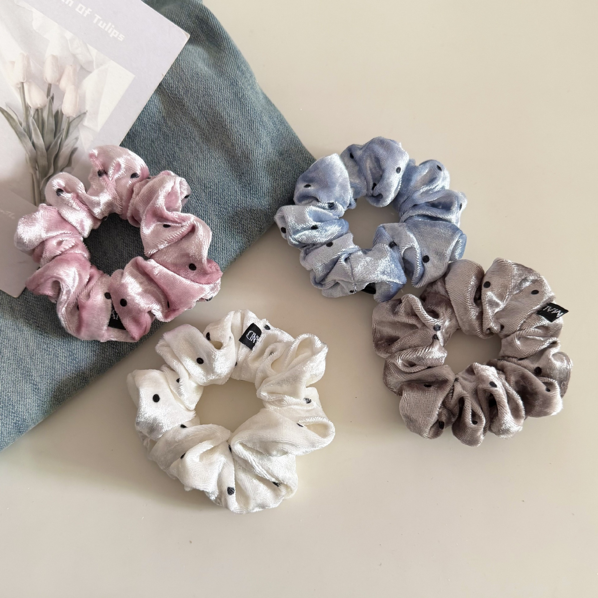 Women's Velvet Hair Scrunchie Ball Head Tie All Seasons Polka Dot