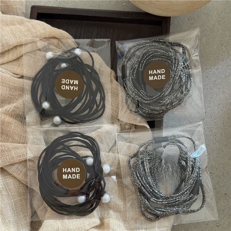 Women's Elastic Pearl Beaded Cloth Hair Ties Black Shiny Double Strand