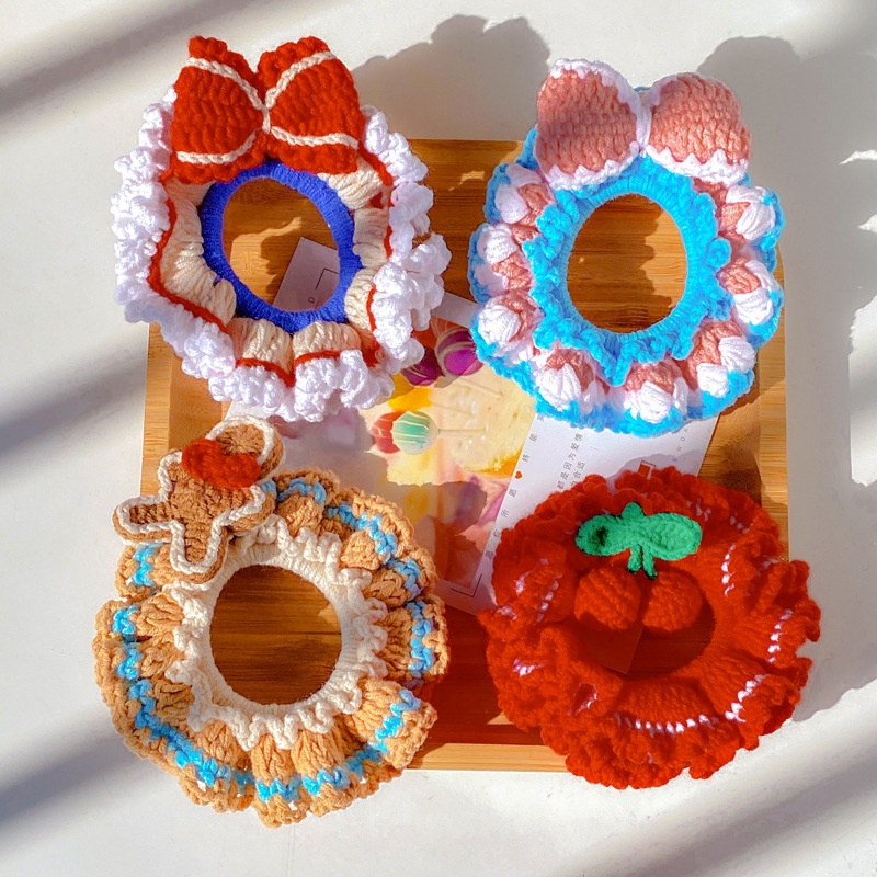 Women's Handmade Knitted Yarn Scrunchie Bellflower Bowknot Hair Tie