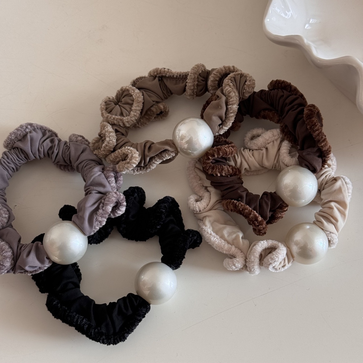 Women's Winter Plush Bow Hair Tie Pearl Khaki Coffee Beige Black