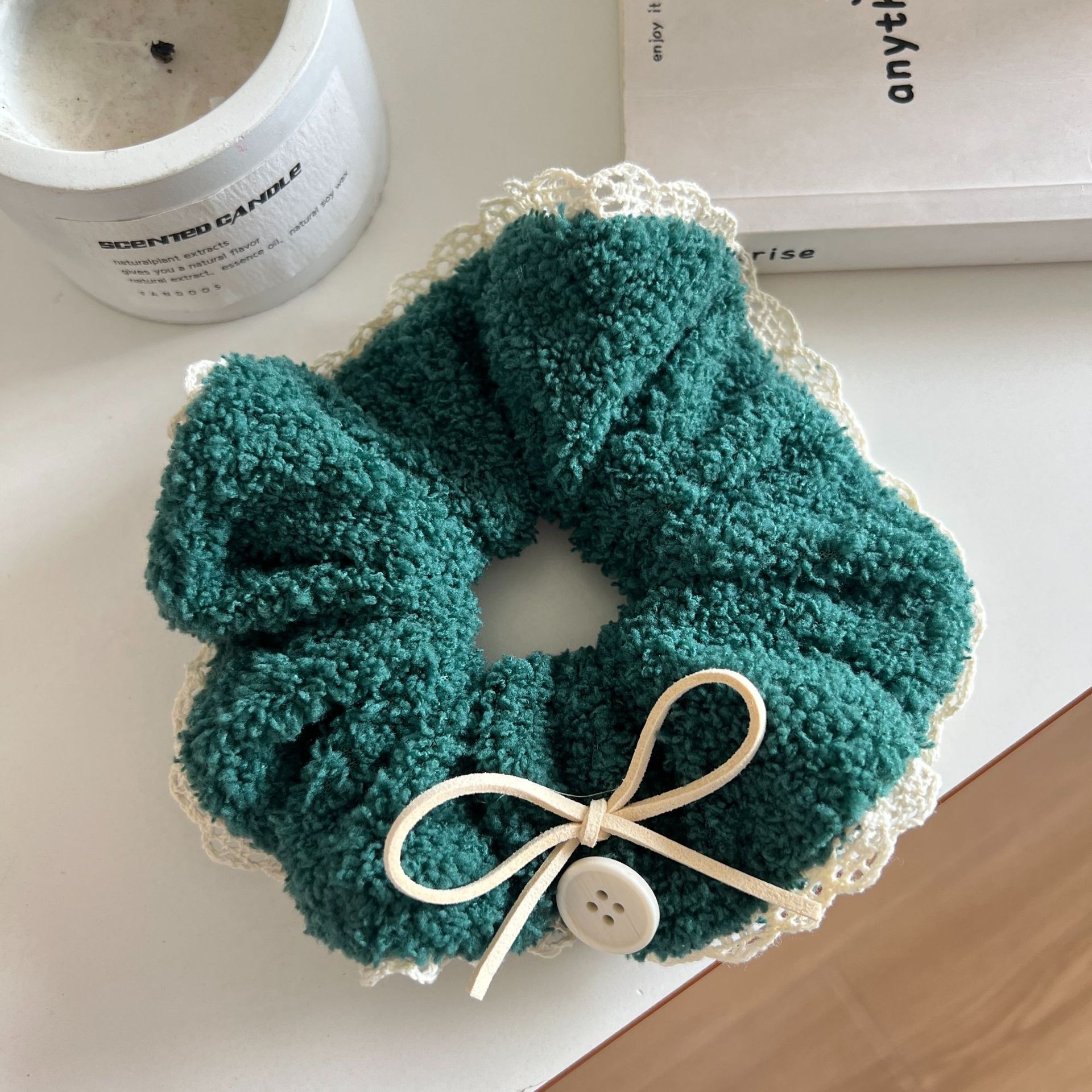 Women's Autumn Winter Fluffy Lace Trim Elastic Scrunchie Sweet Bowknot