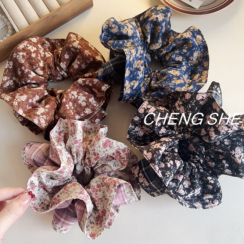 Women's Daily Large Fabric Elastic Hair Scrunchies Floral Plaid