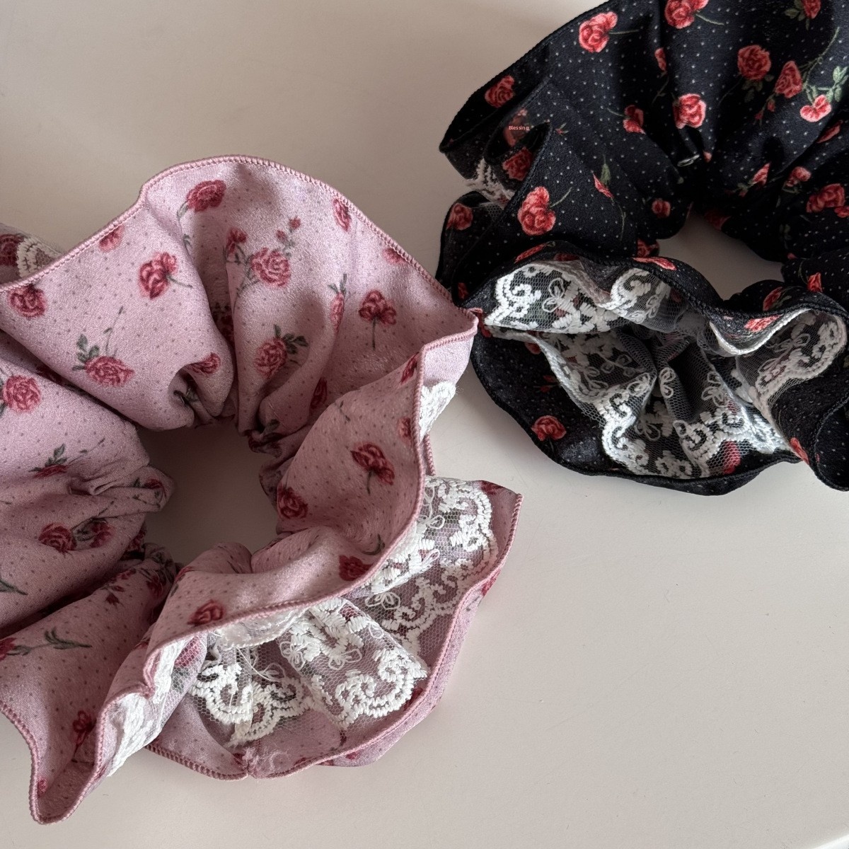 Women's Elegant Lace Rose Scrunchie Hair Accessories Pink Black Polka Dots