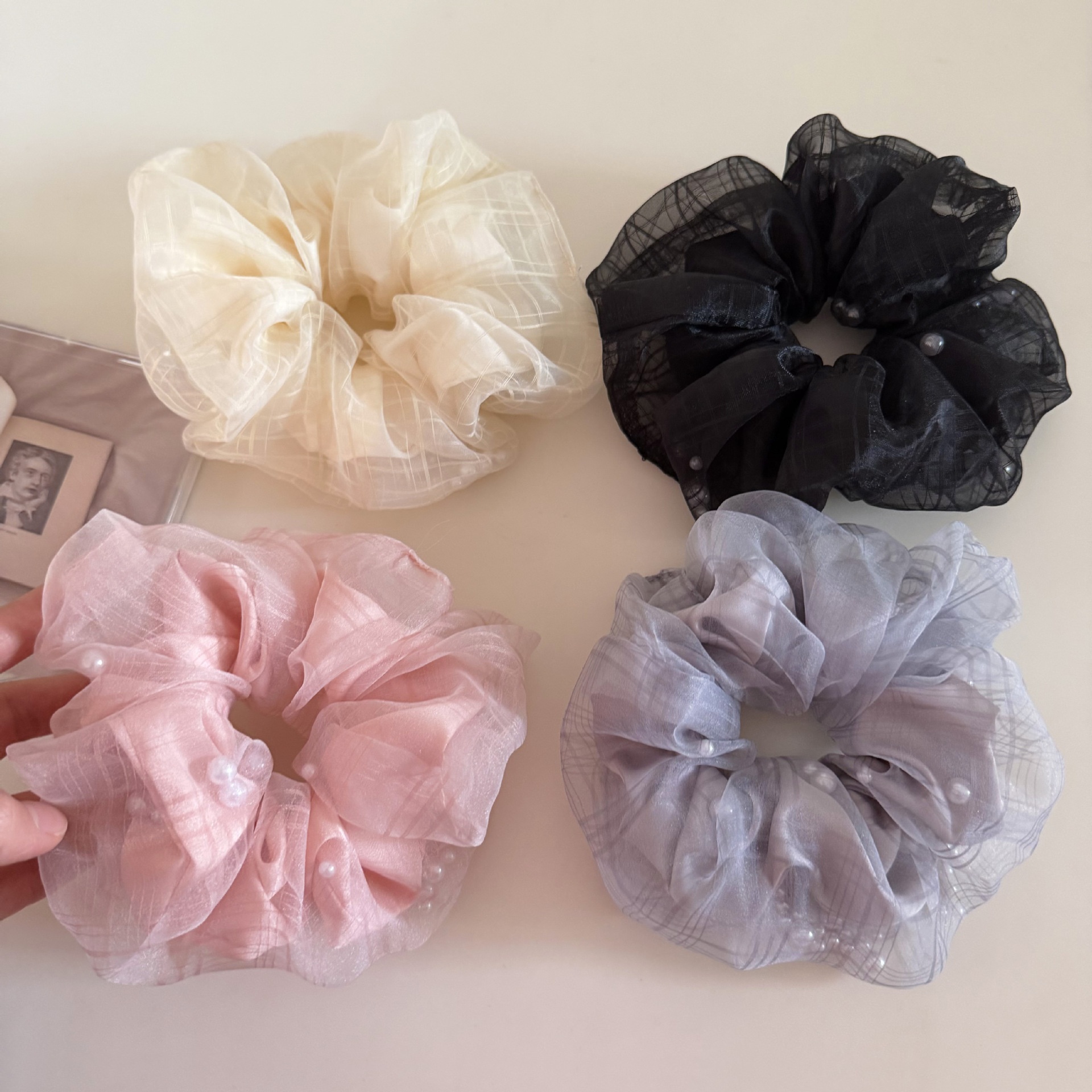 Women's Sweet Apricot Plaid Gauze Hair Tie Scrunchie with Pearls