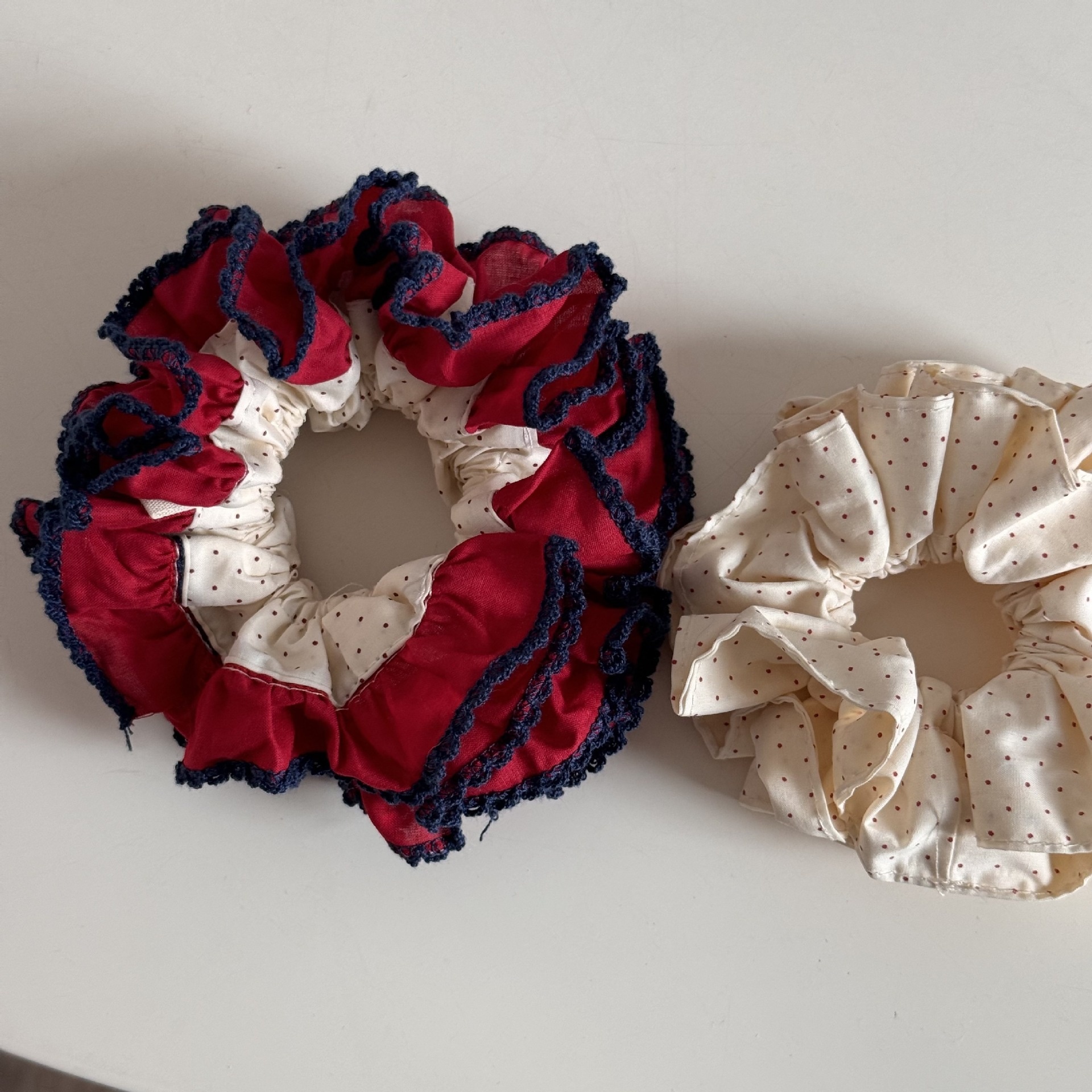 Women's Soft Cloth Hair Tie For Daily Wear Beige And Red Polka Dots