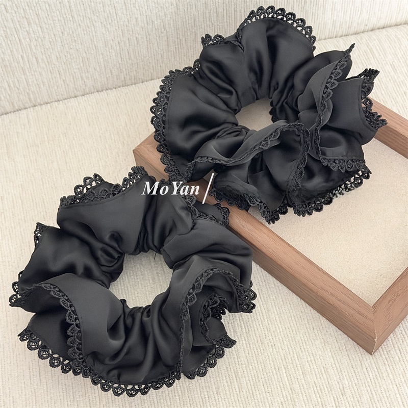 Women's All-Season Satin Double Layer Ruffled Hair Tie Solid Black