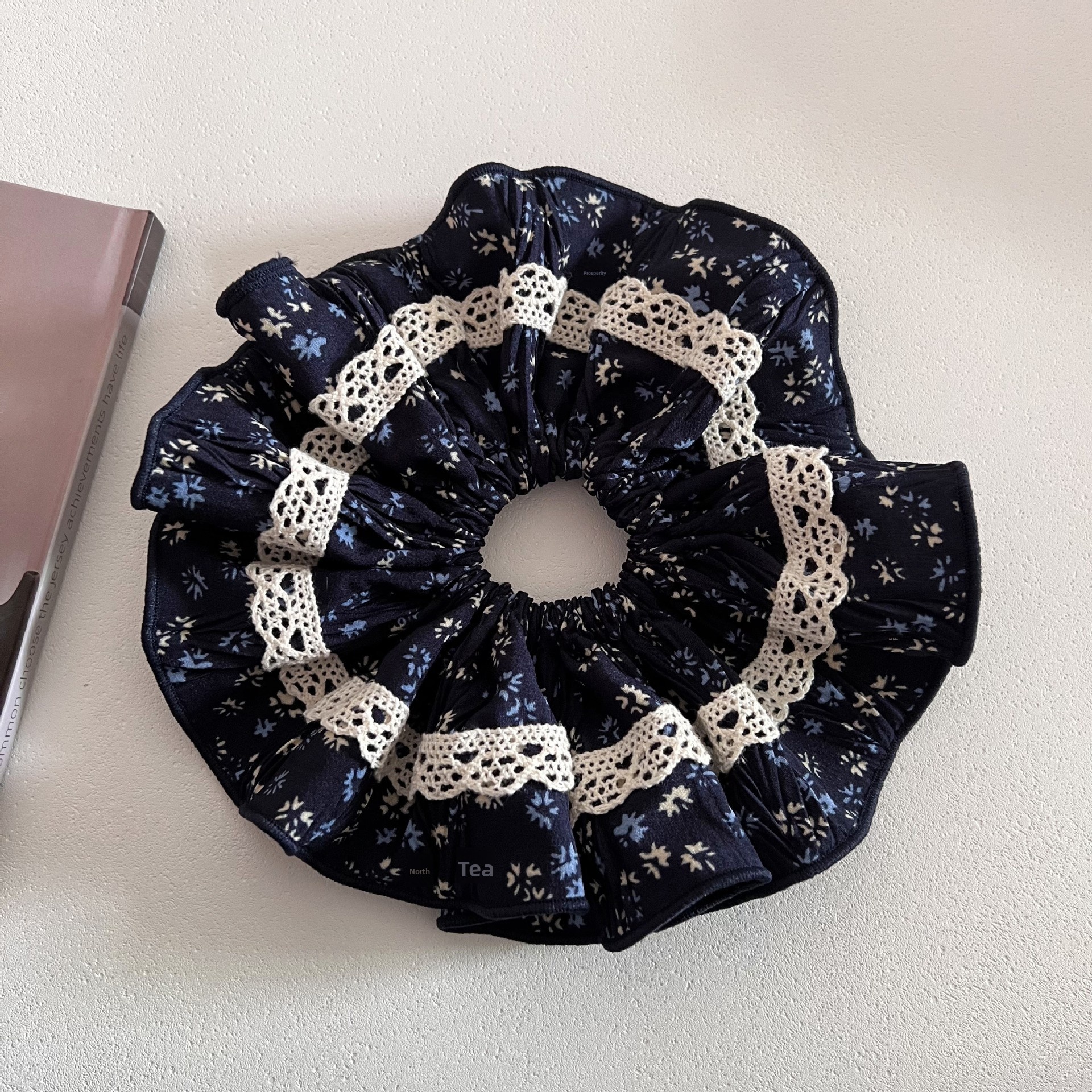 Women's French Boho Elastic Hairband Navy Blue Ditsy Floral Lace