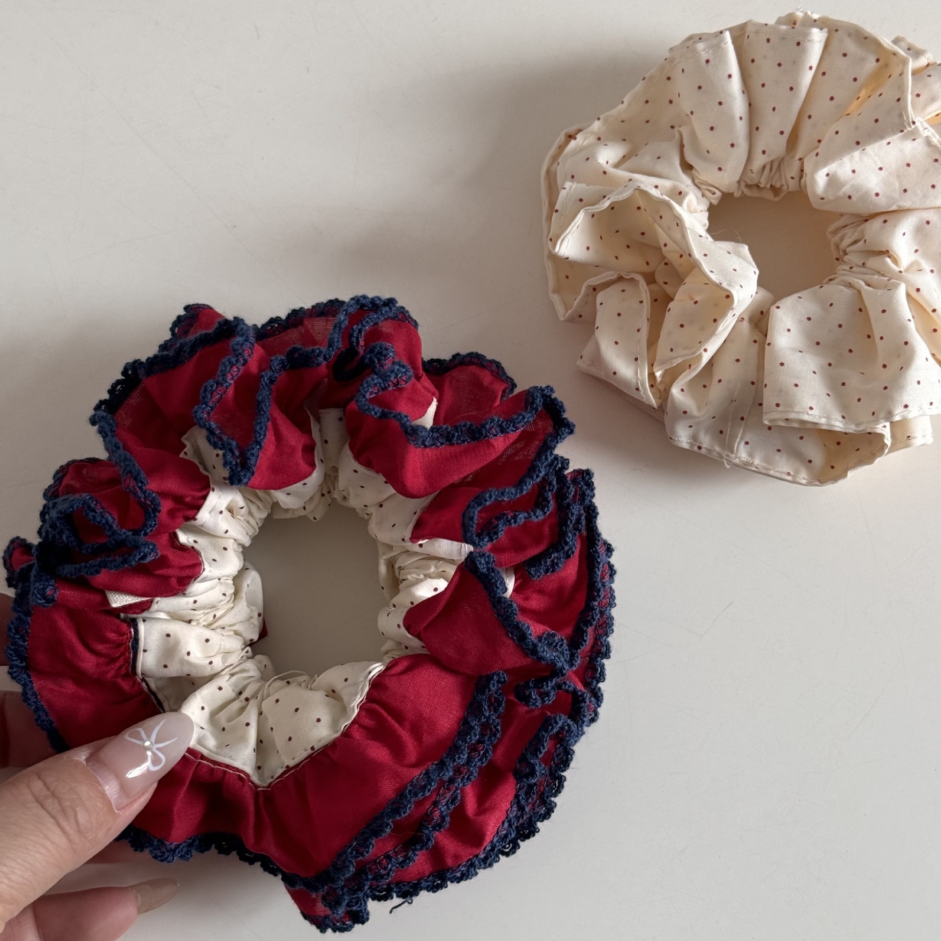 Women's Soft Cloth Hair Tie For Daily Wear Beige And Red Polka Dots