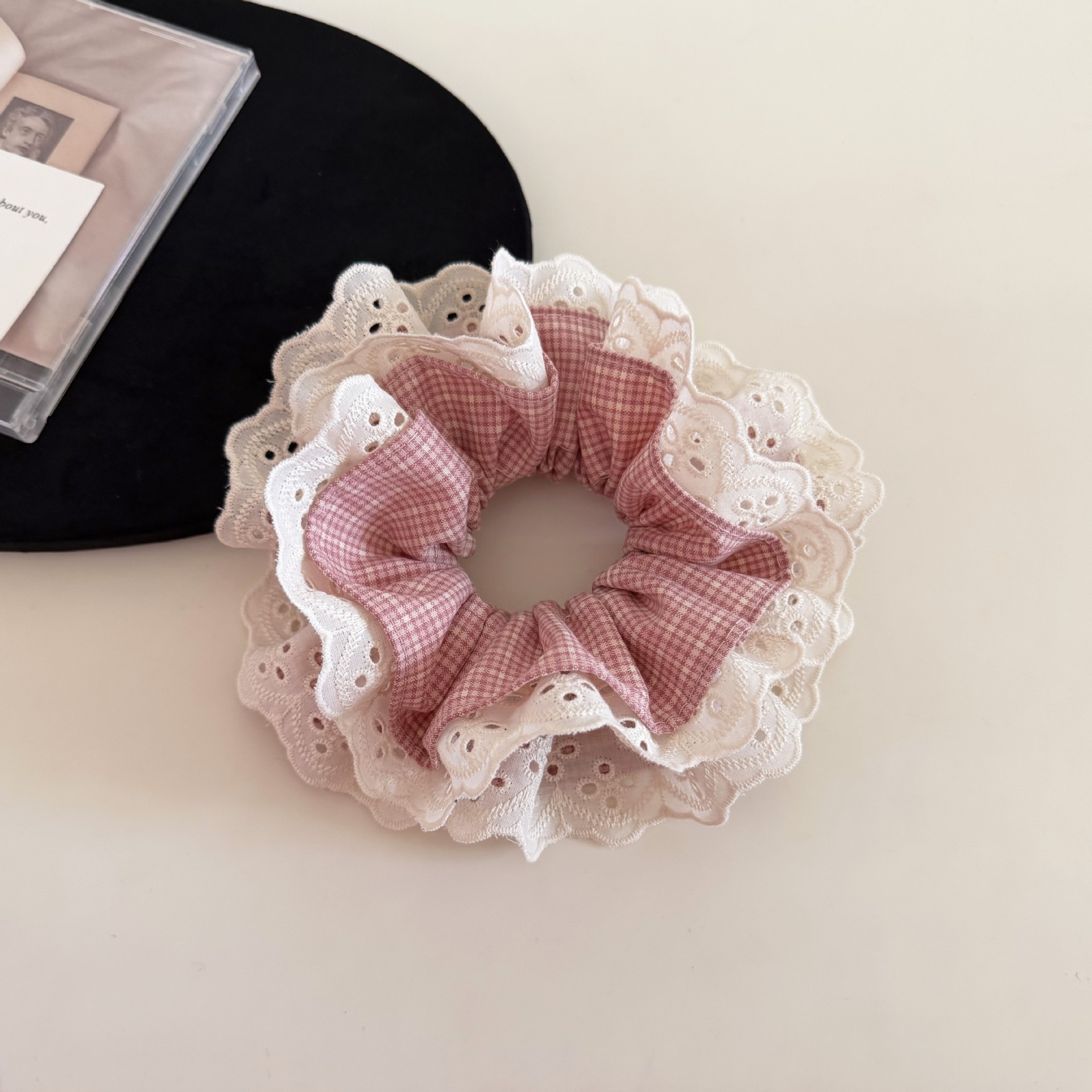 Women's Stylish Everyday Cloth Hair Tie Pink Blue Plaid Lace