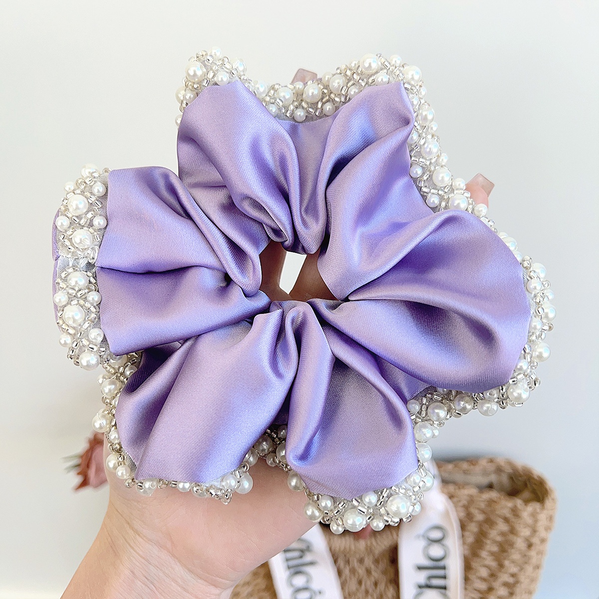 Women Elegant Satin Hair Tie Vintage Pearl Crystal Edge Pleated Scrunchie