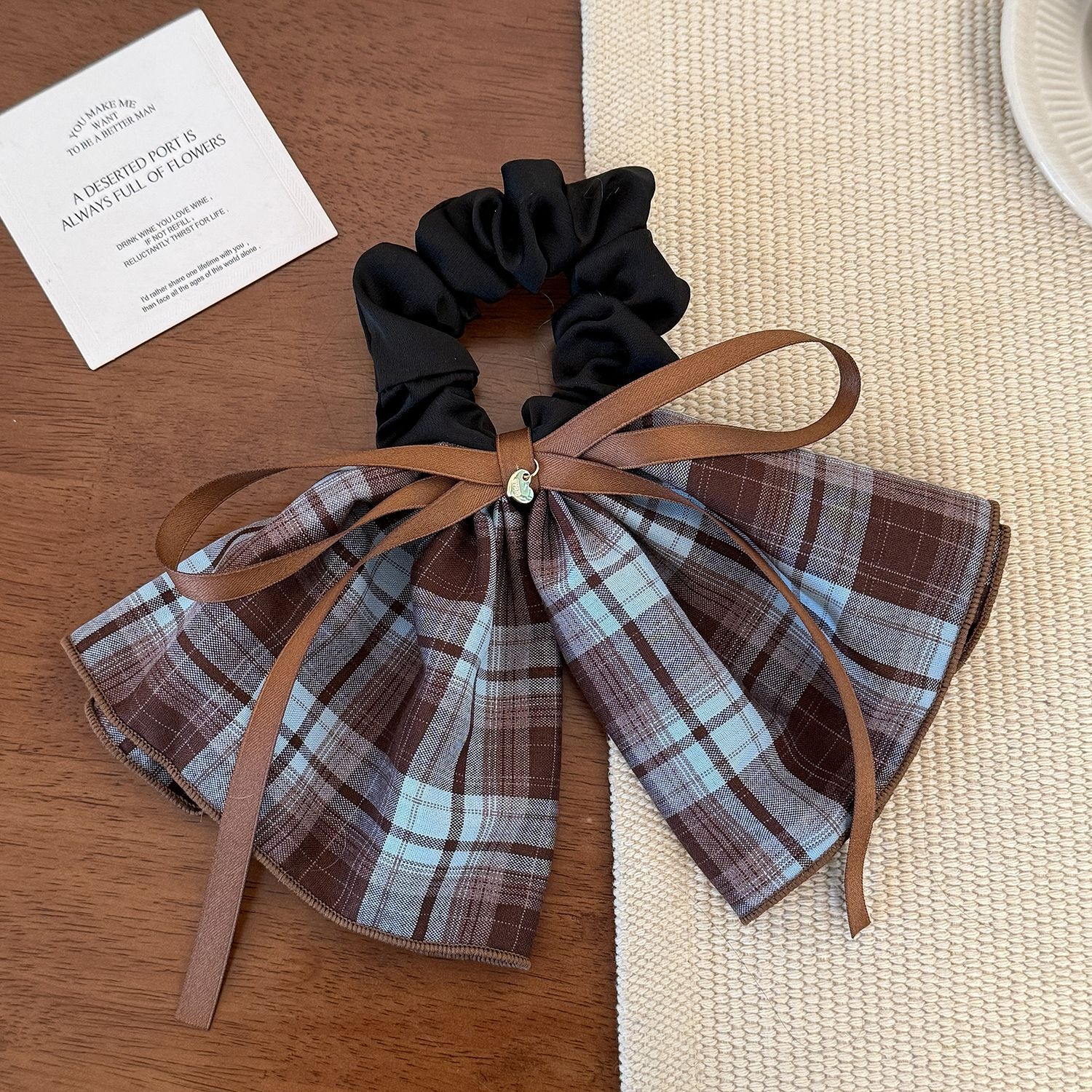 Women's Everyday Cloth Bow Tie Hair Scrunchies Coffee Black Plaid