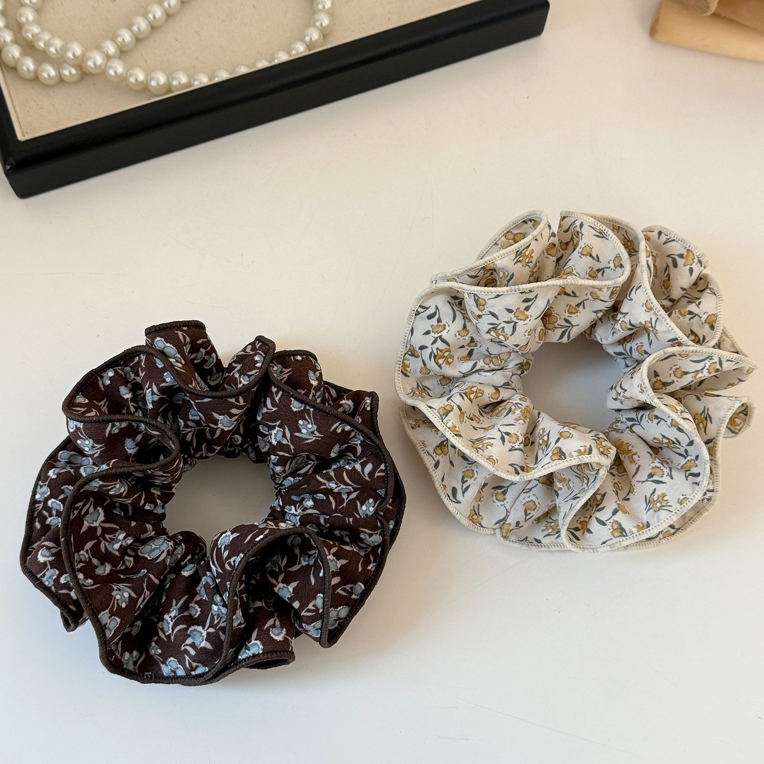 Women's Soft Cloth Everyday Hair Tie Coffee Beige Ditsy Floral Pattern