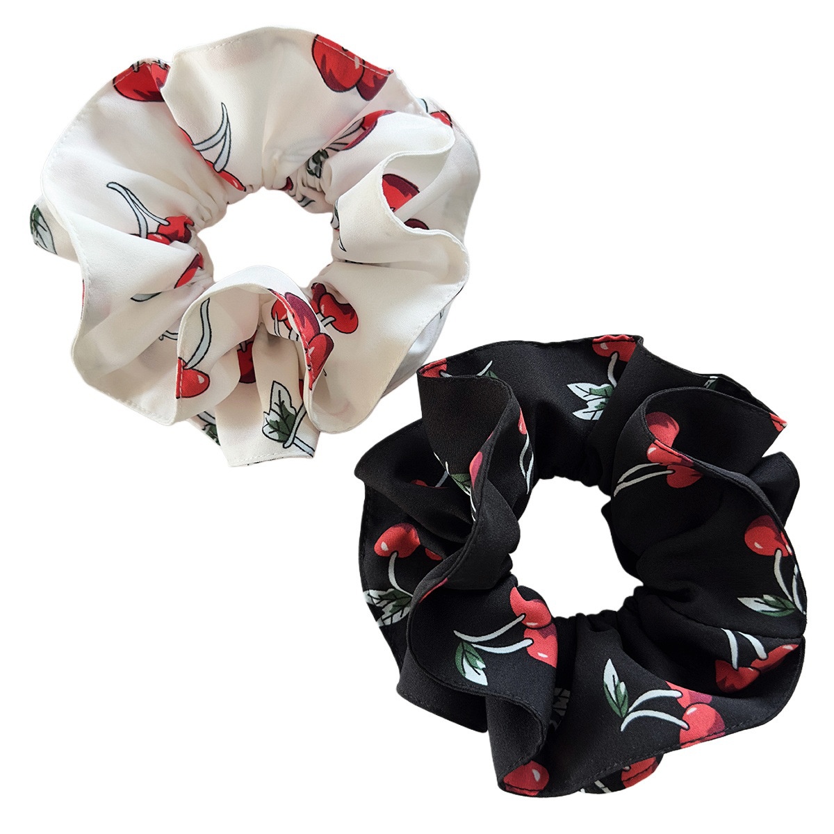 Girls Double Layer Cloth Hair Bands Cherry Print Plaid Bun Styling Rope