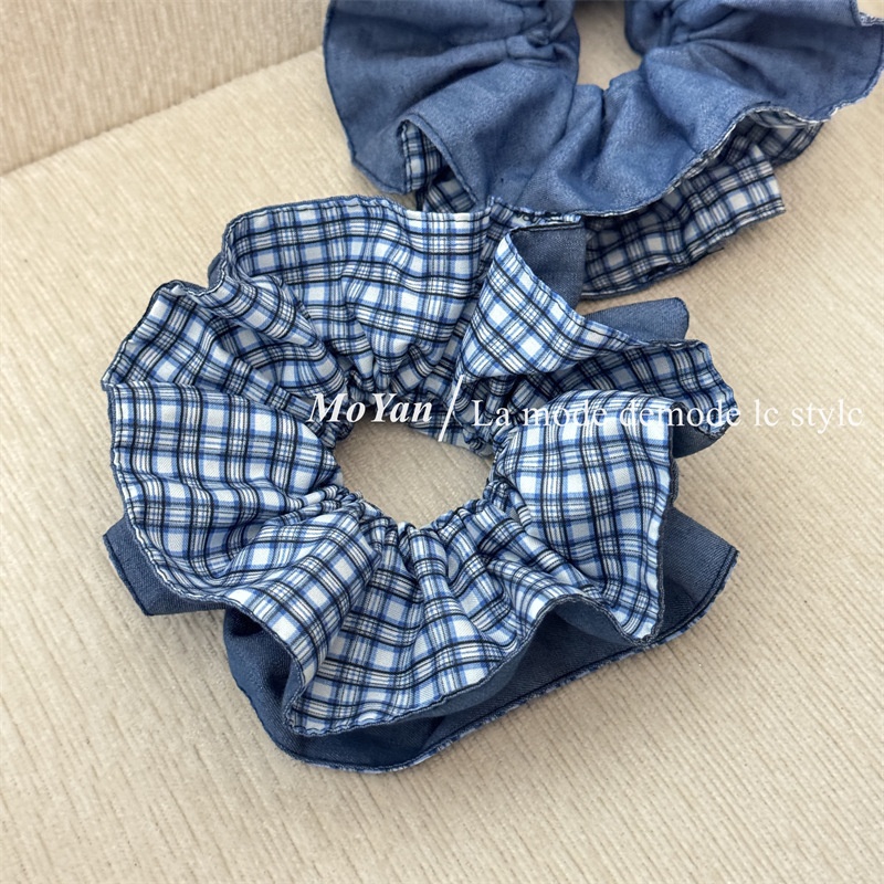 Women's Comfortable Cloth Scrunchies Hair Tie Blue Color Block Checkered