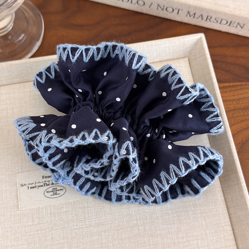 Women's Casual Knitted Lace Half Updo Scrunchie Navy Blue Polka Dot