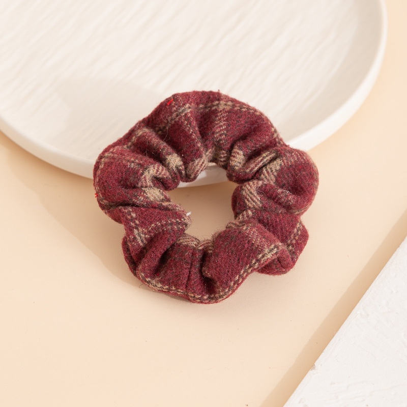 Women's Autumn Winter Wool Ponytail Hair Tie Smiley Plaid Black Coffee Red