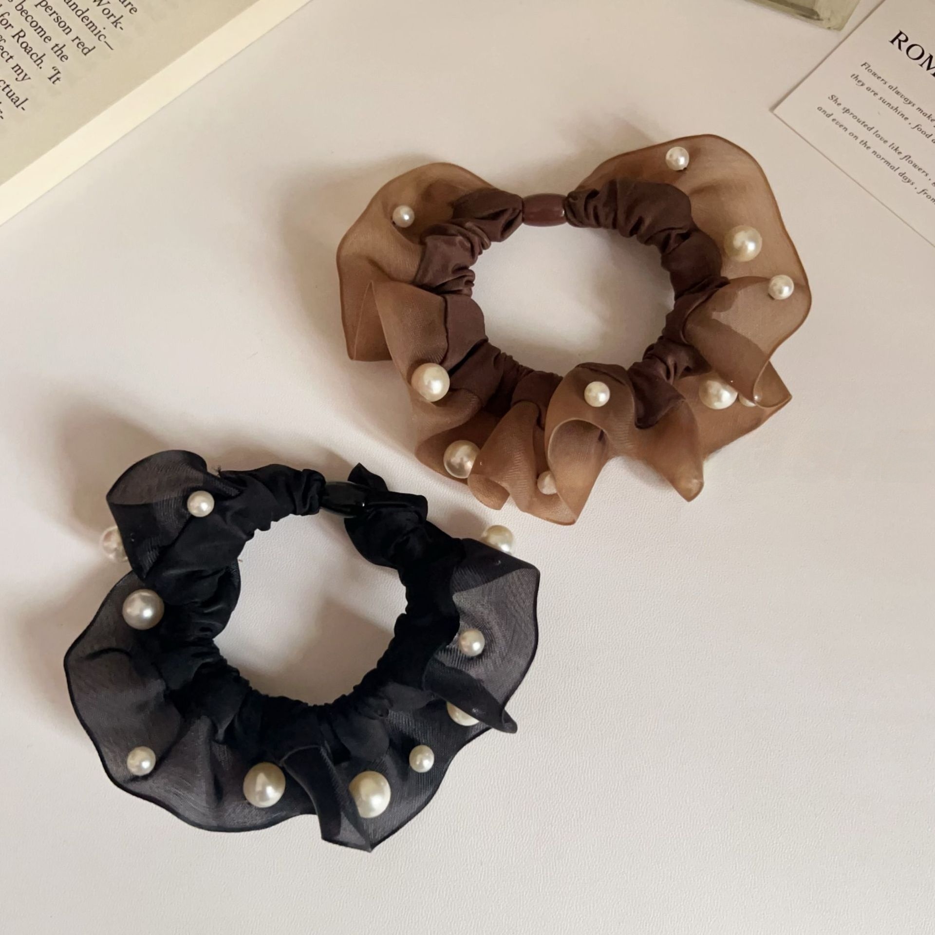 Women's Simple Organza Pearl Hair Tie - Elegant Coffee Autumn Accessory