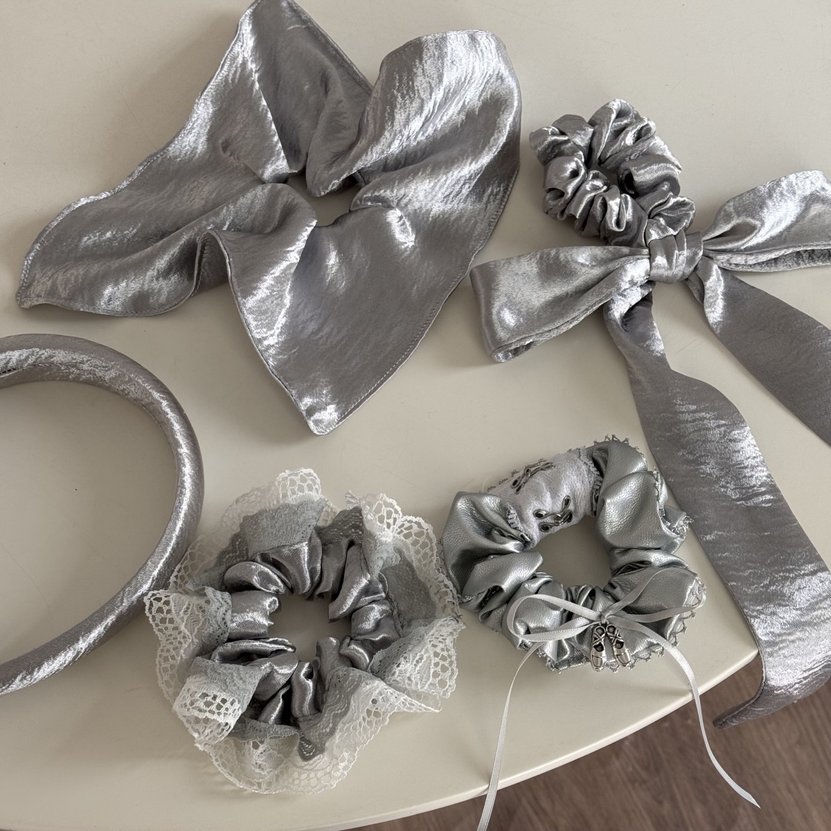 Women's Vintage Silver Shiny Scarf Hair Ties Butterfly Knot Lace Elastic Bands