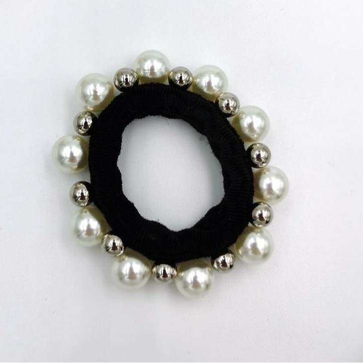 Women's Elegant Pearl Seamless Towel Hair Tie Solid Black Elastic Hair Band
