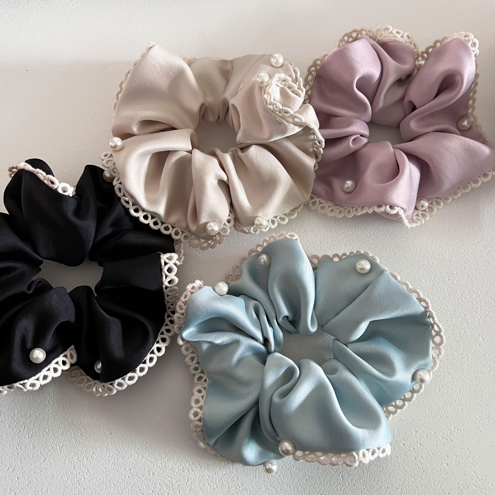 Women's Satin Pearl Lace Bow Elastic Hair Tie For Low Ponytail Solid Color