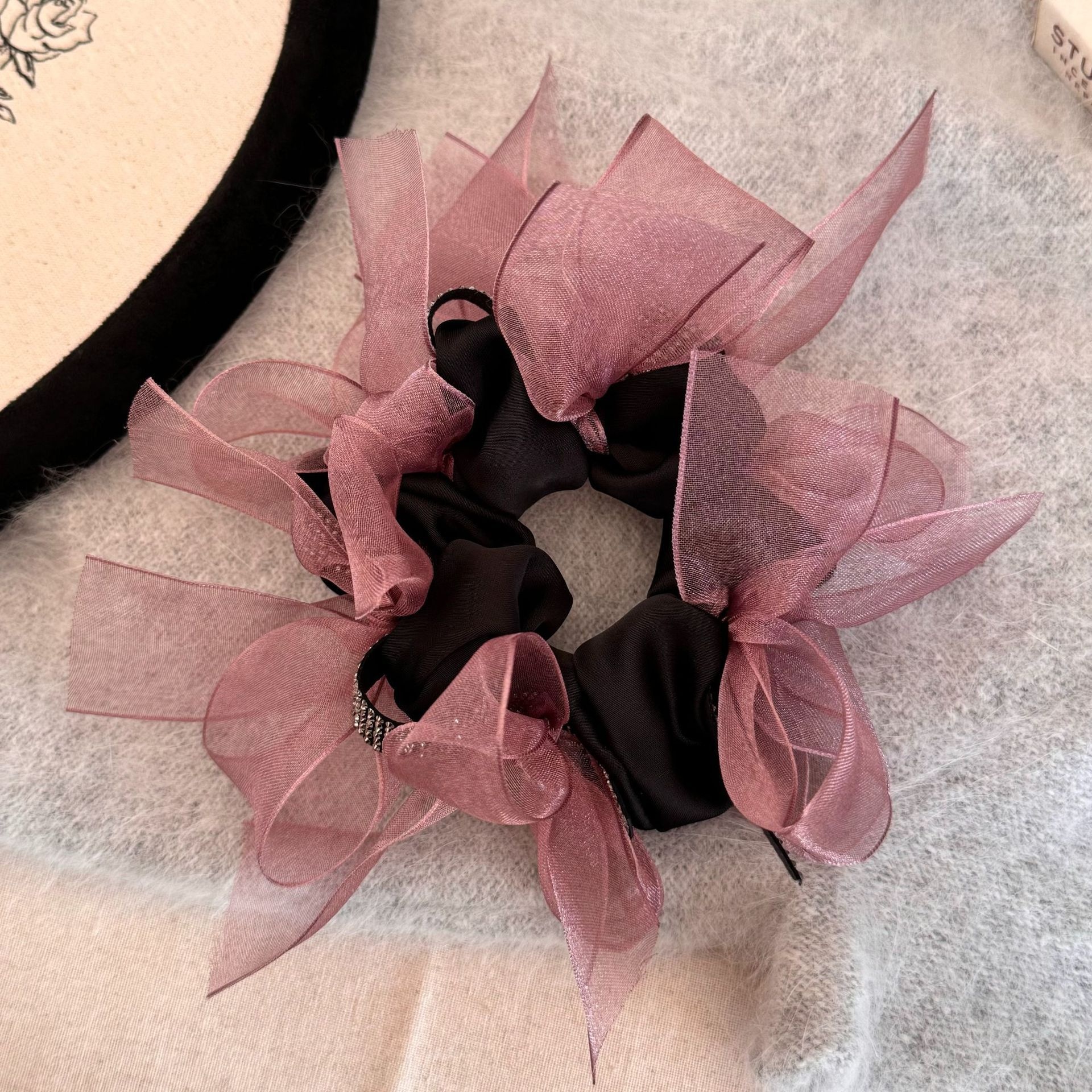 Women's Large Fluffy Lace Bow Hair Tie Summer French Lazy Hairband Pink