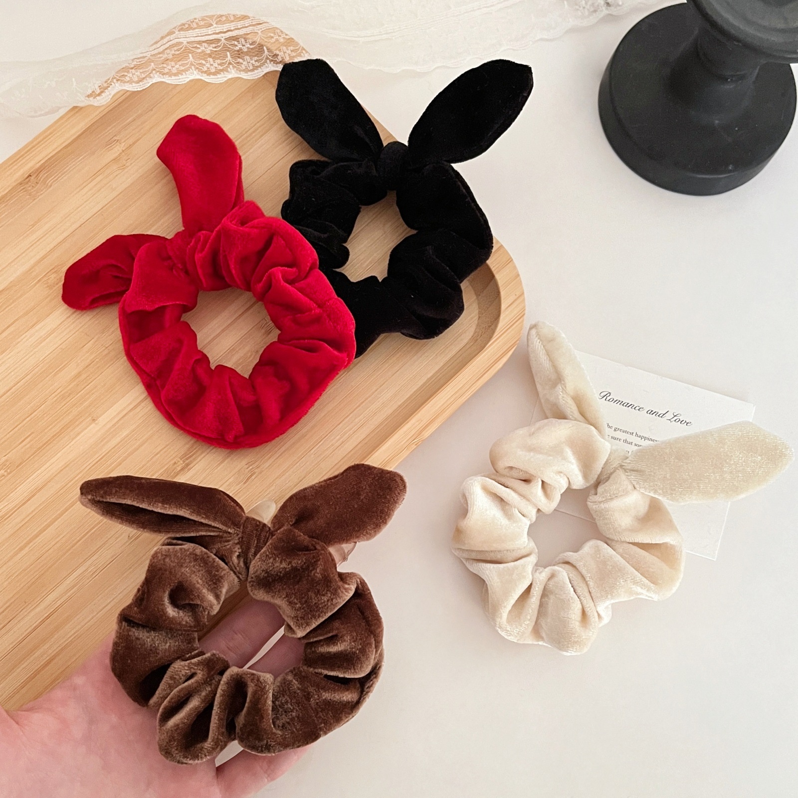 Women Velvet Bow Ponytail Hair Tie Solid Coffee Red Black Beige