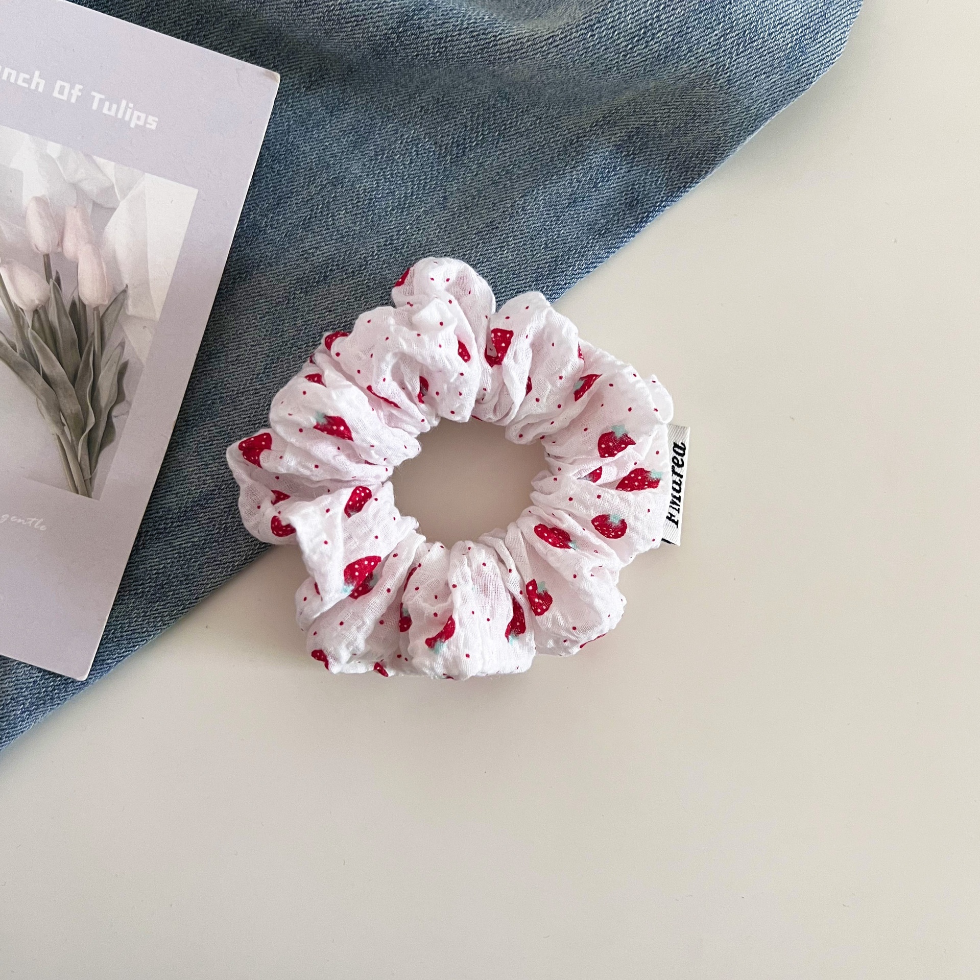 Women's Summer Cloth Ruched Bun Hair Scrunchie Strawberry Polka Dots