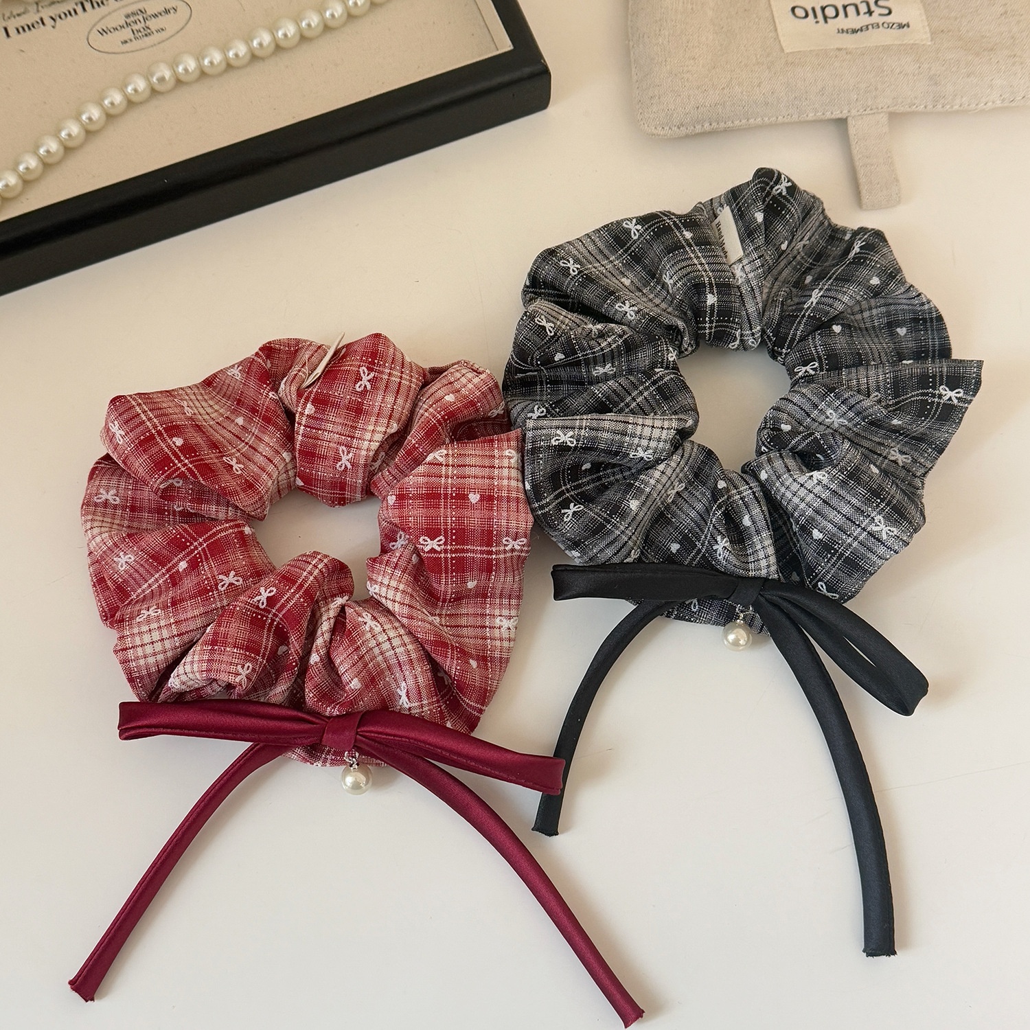 Women's Pearl Bowknot Cloth Scrunchie Ribbon Hair Tie Red Black Plaid