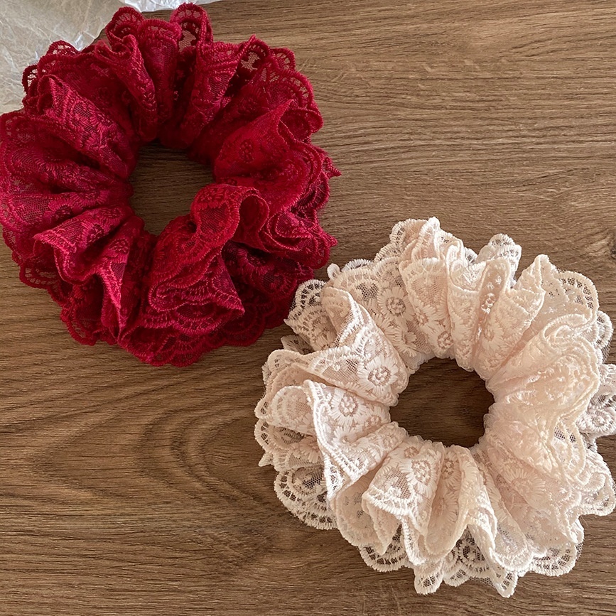 Women's French Retro Four-Layer Lace Hair Tie Wine Red Ditsy Floral Hairband