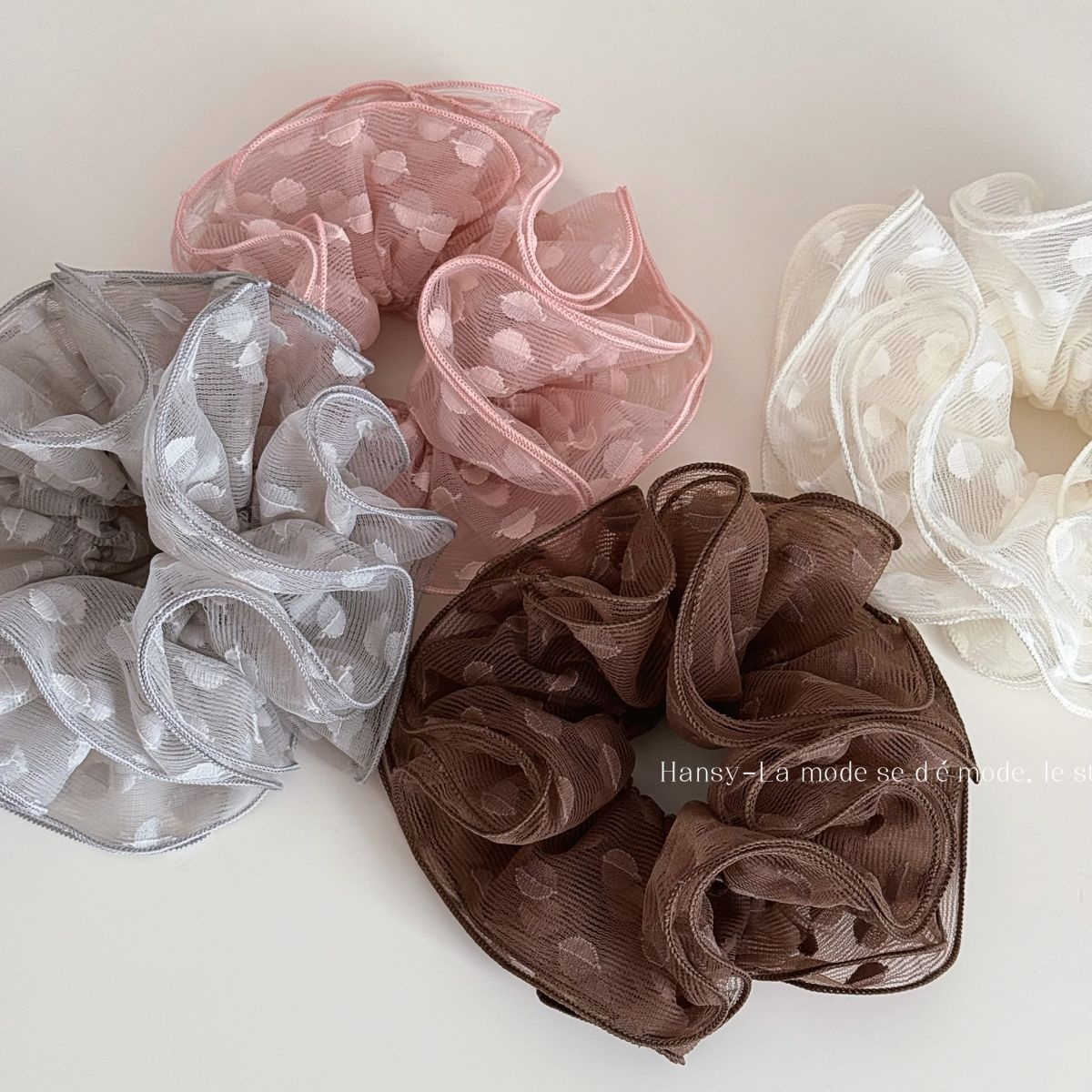 Women's Elegant Spring Soft Gauze Hair Tie Beige Polka Dots