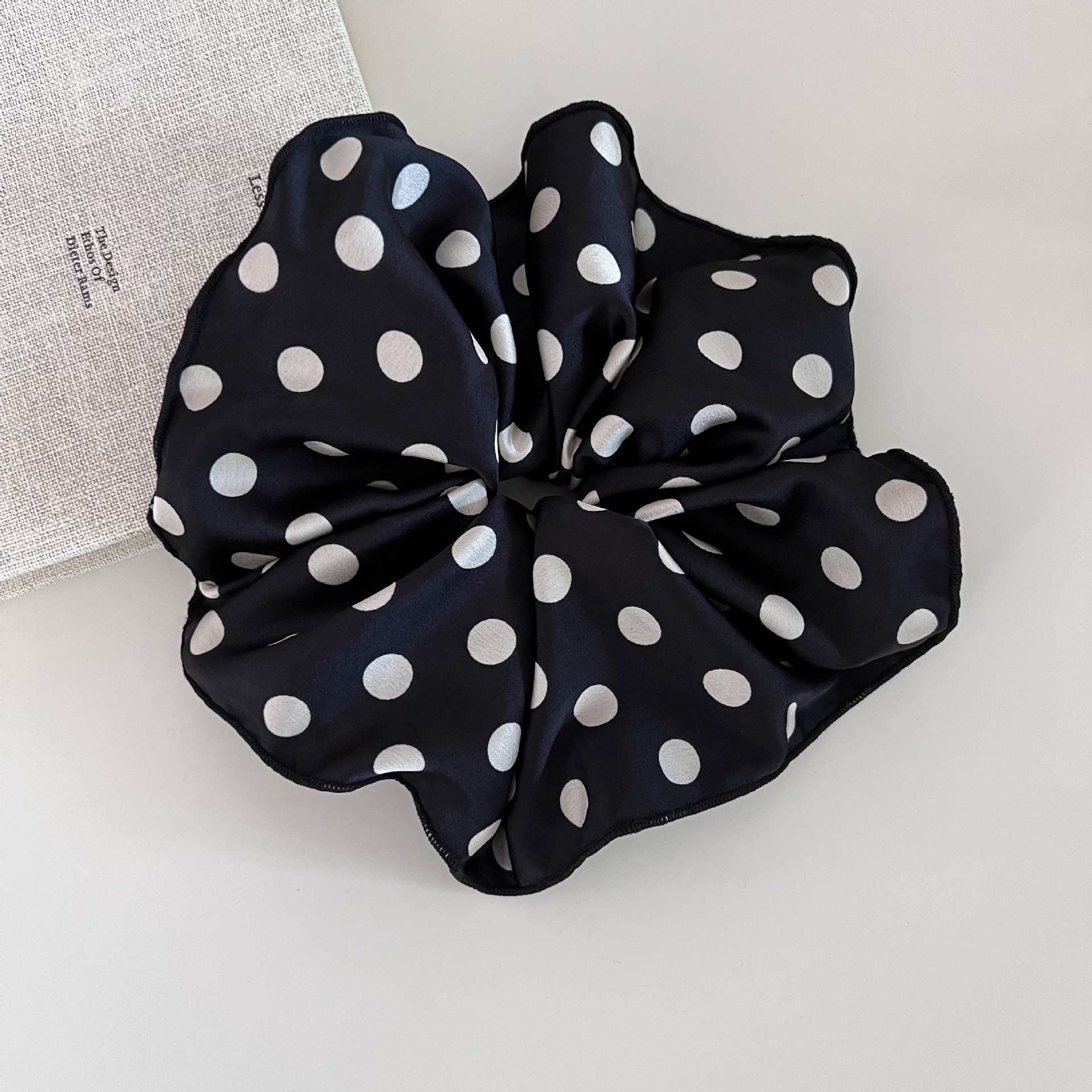 Women's Extra Large French Satin High Bun Hairband Black White Polka Dot