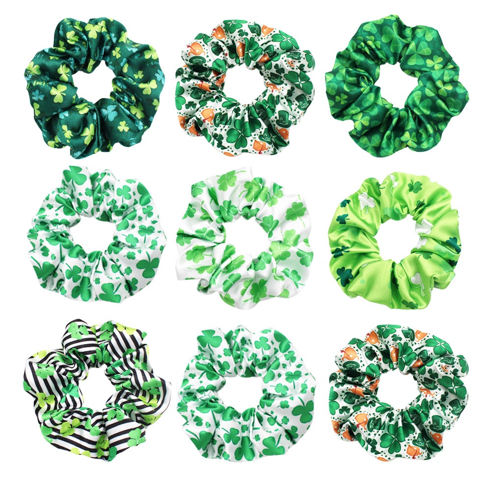 Women's 5PCS St. Patrick's Day Green Shamrock Big Bow Silk Printed Hair Ties