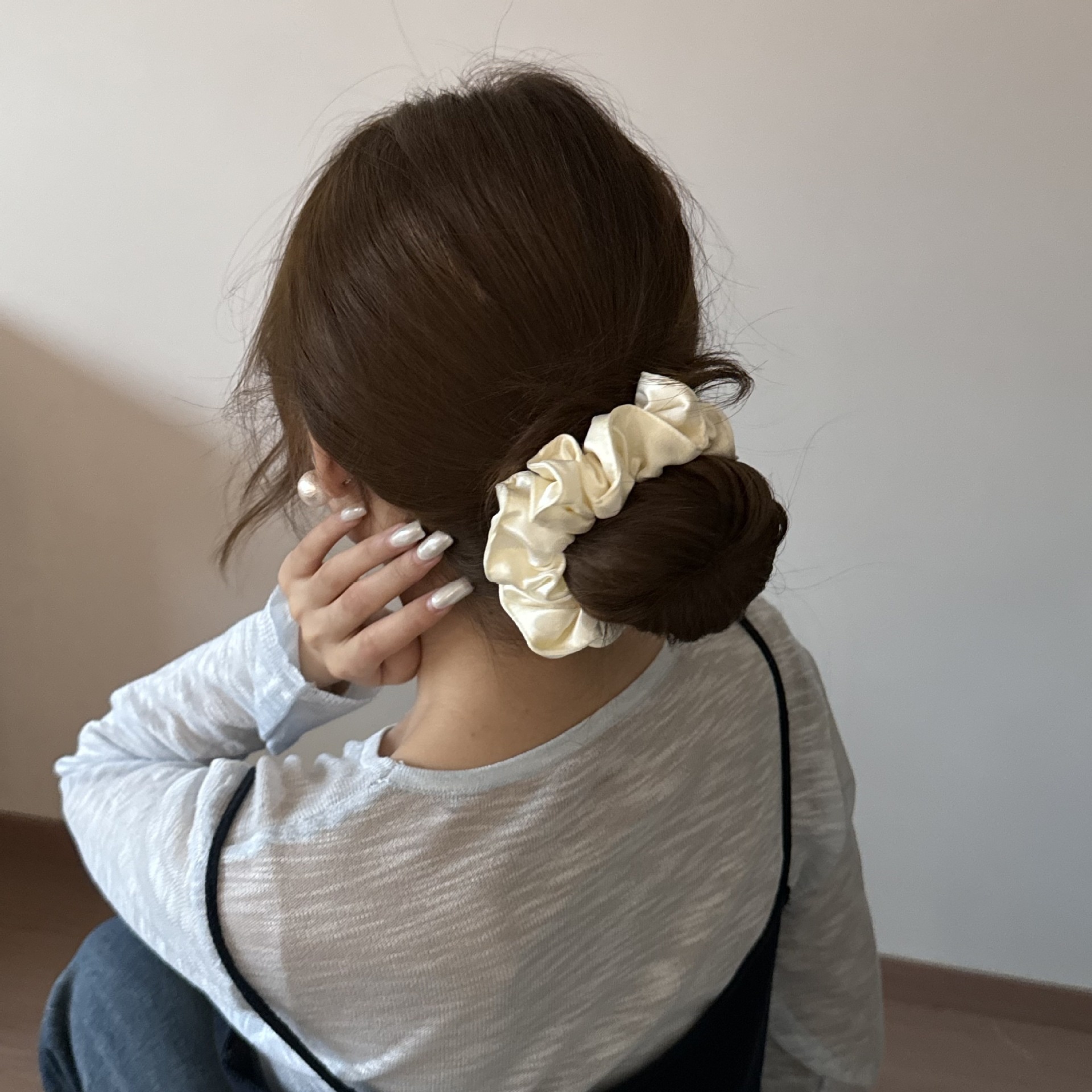 Women's Spring Satin Hair Tie Pink Polka Dots