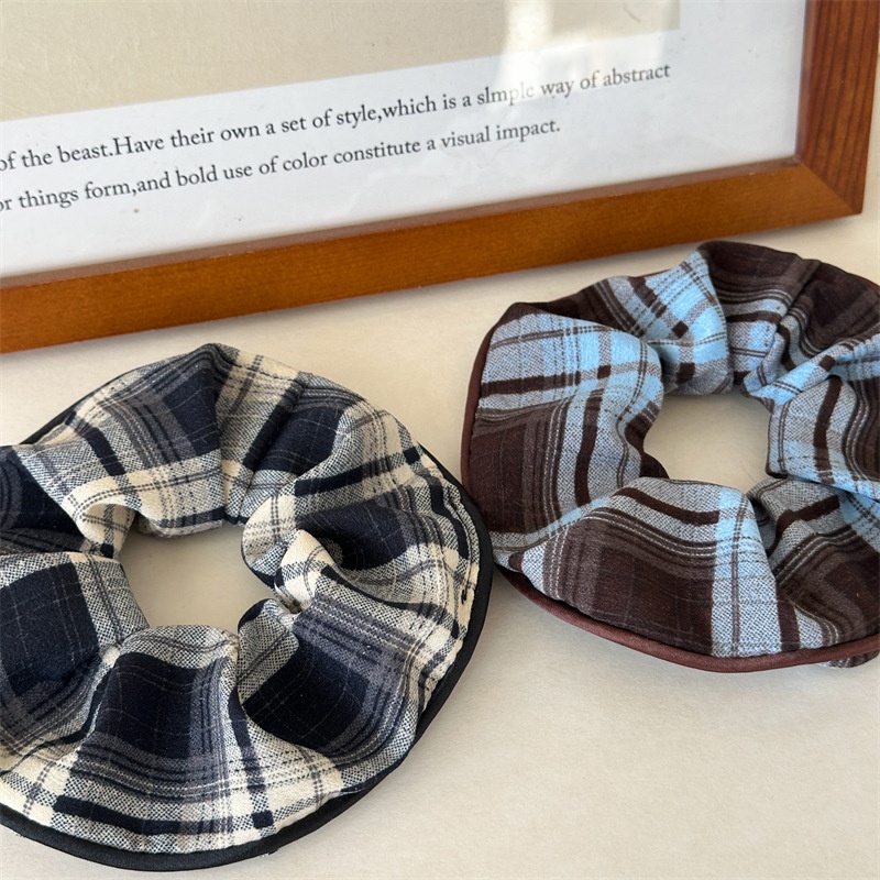 Women's Coffee Plaid & Blue Polka Dot Fabric Bun Headband Hair Tie
