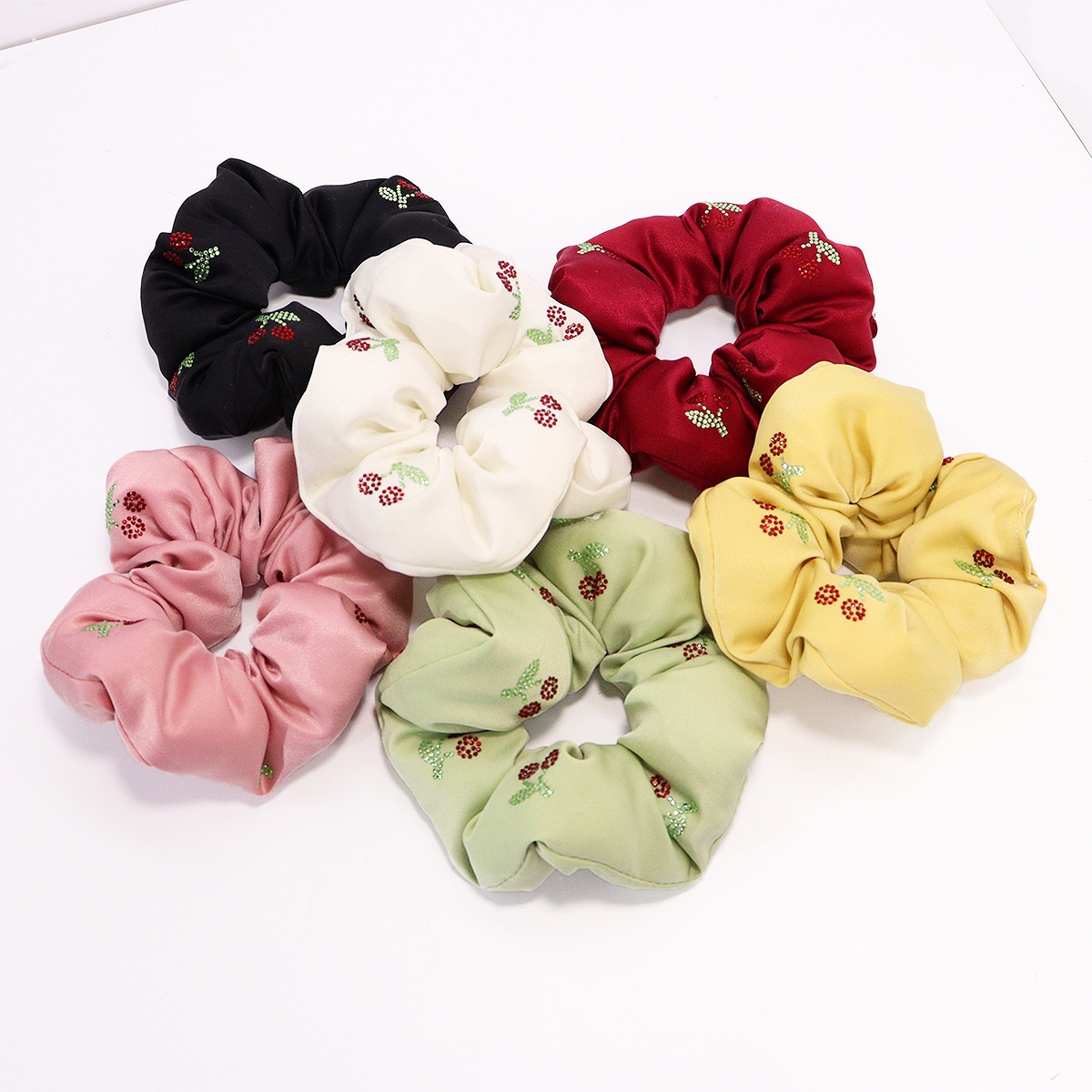 Girls School Uniform Ponytail Hair Tie Cloth Rhinestone Cherry Grid