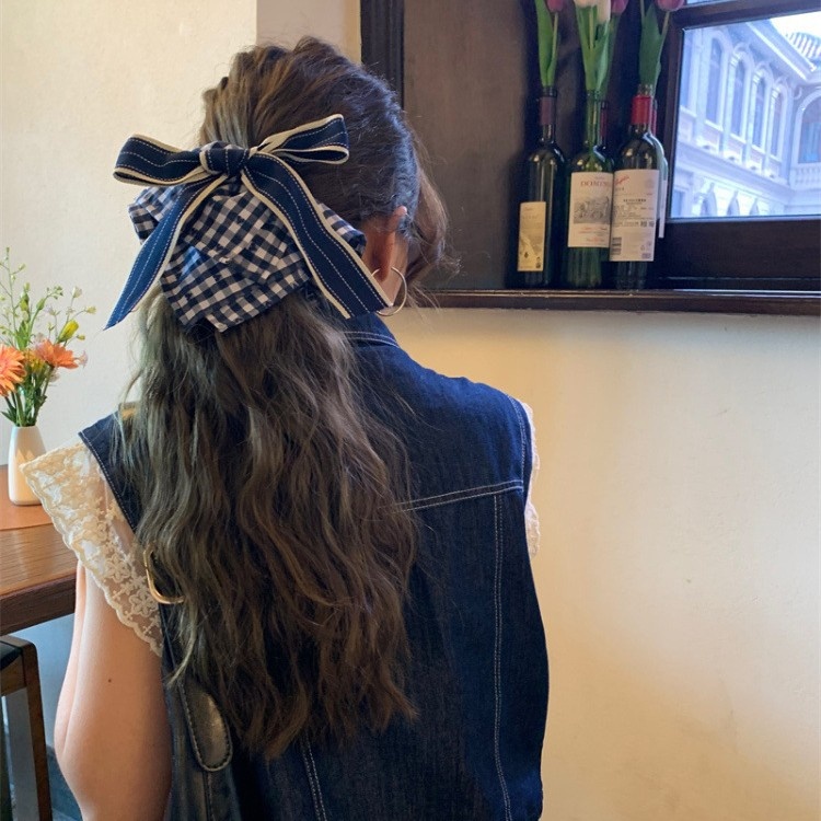 Women's Casual Cloth Bow Hair Scrunchie Dark Blue Checkered Plaid