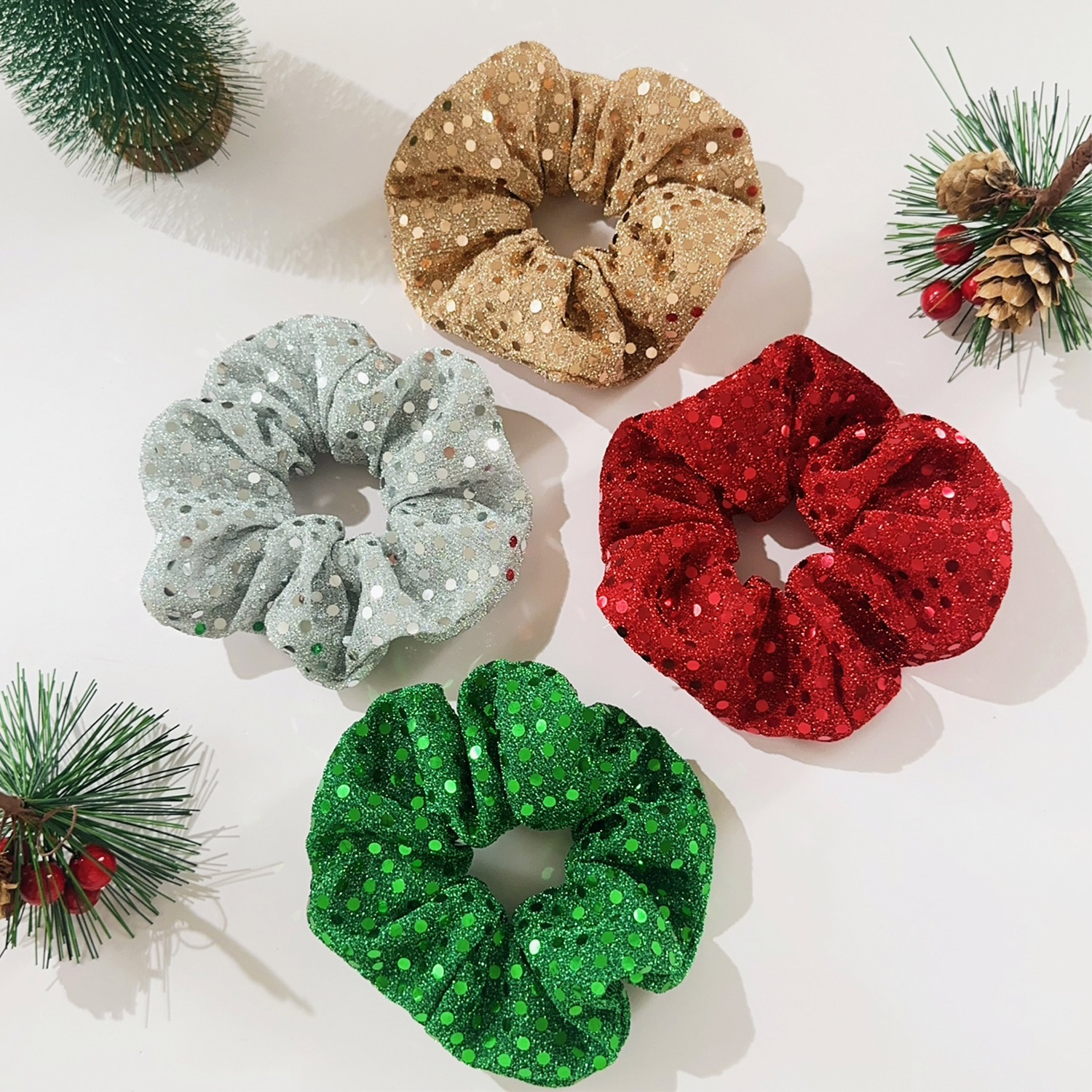 Women's Christmas Solid Mesh Scrunchie High Elasticity Tail Knot Fabric Hair Tie