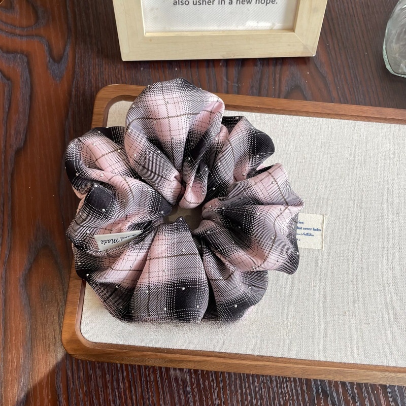 Women's Rhinestone Mesh Low Bun Bow Hair Tie Plaid White Pink Black