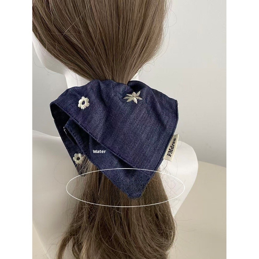 Women's Autumn Hair Tie Cowboy Style Denim Floral Embroidery