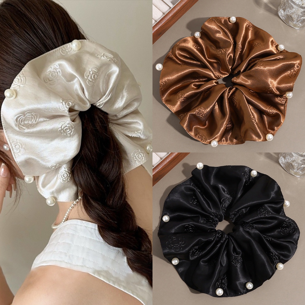 Women's Summer Retro Pearl Satin Hair Tie Beige Floral Pattern