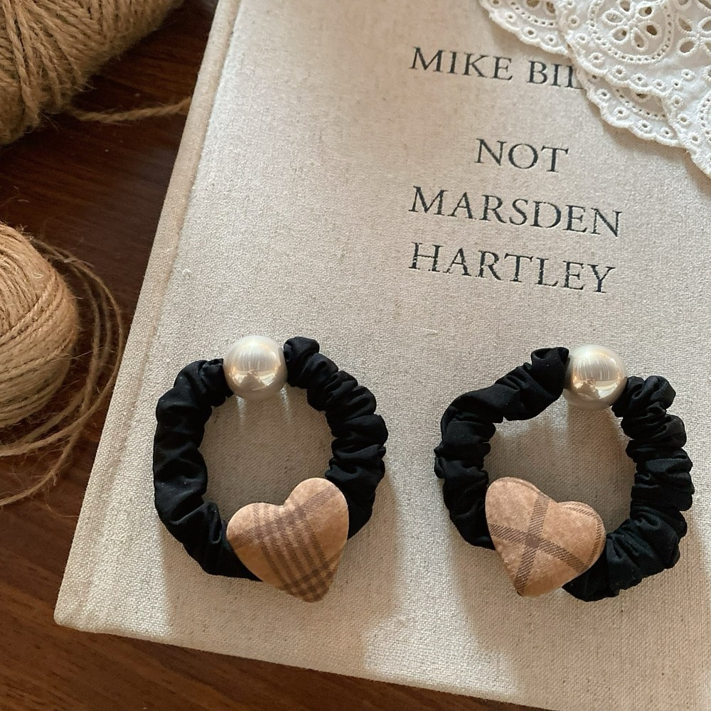 Women's Autumn Winter High Elastic Pearl Fabric Hair Ties Plaid Heart