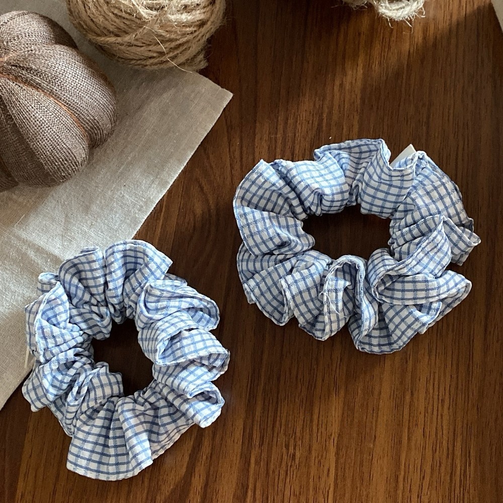 Women's Spring Summer Cloth Hair Rubber Band Scrunchie Blue Plaid