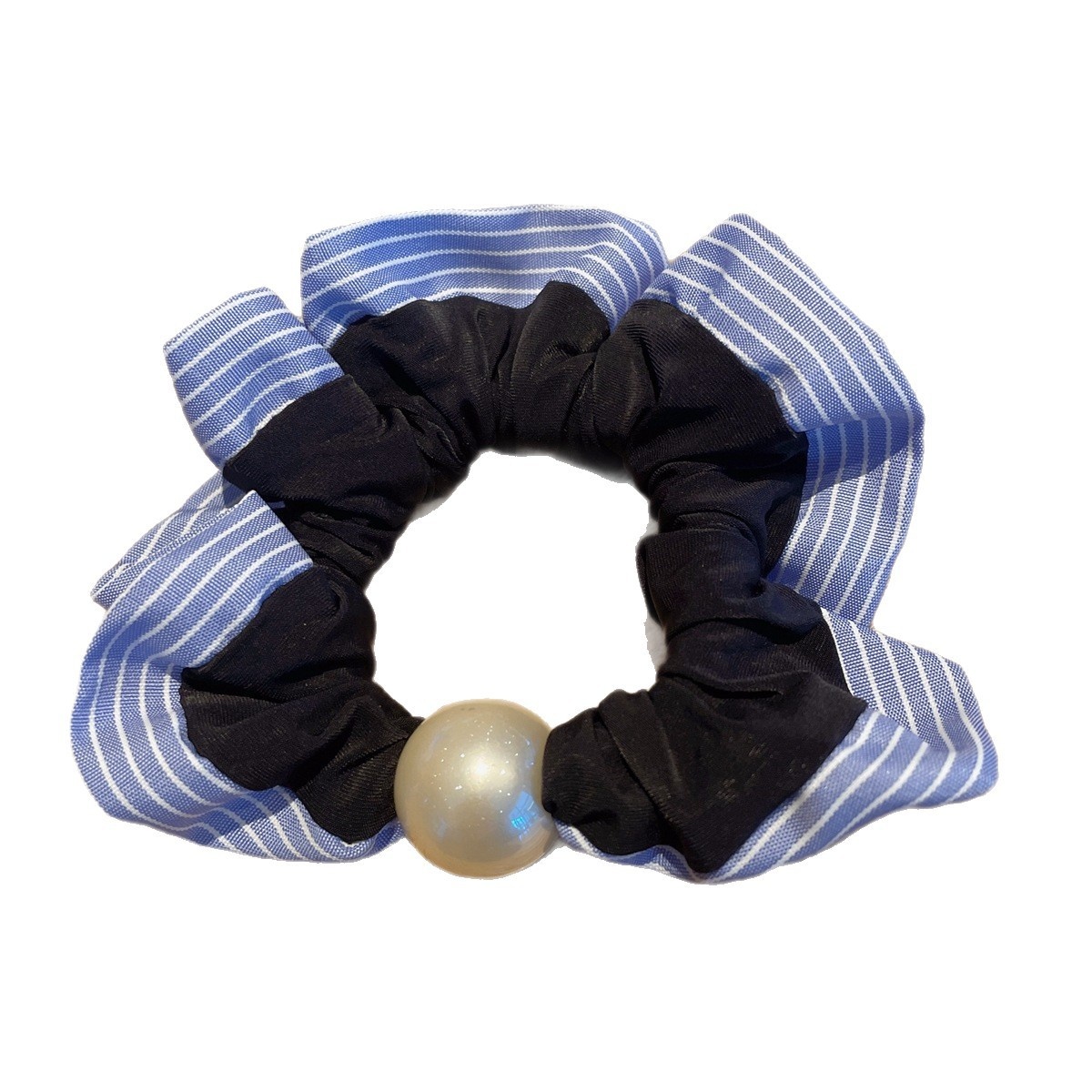 Women's Summer Pearl Rubber Band Hair Tie Accessory Blue Striped Cloth