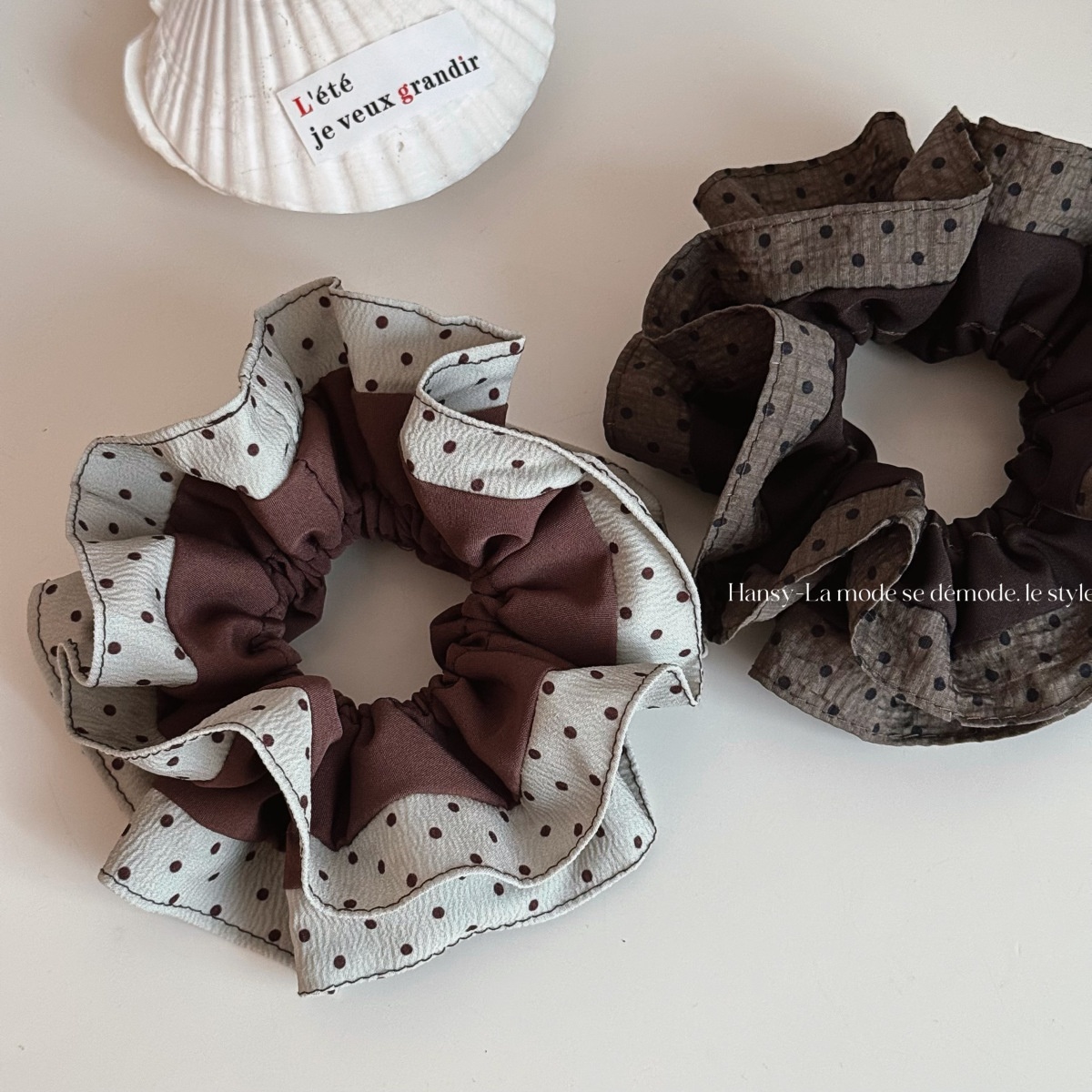 Women's Winter Cloth Scrunchie Hair Tie Beige Coffee Spliced Polka Dots