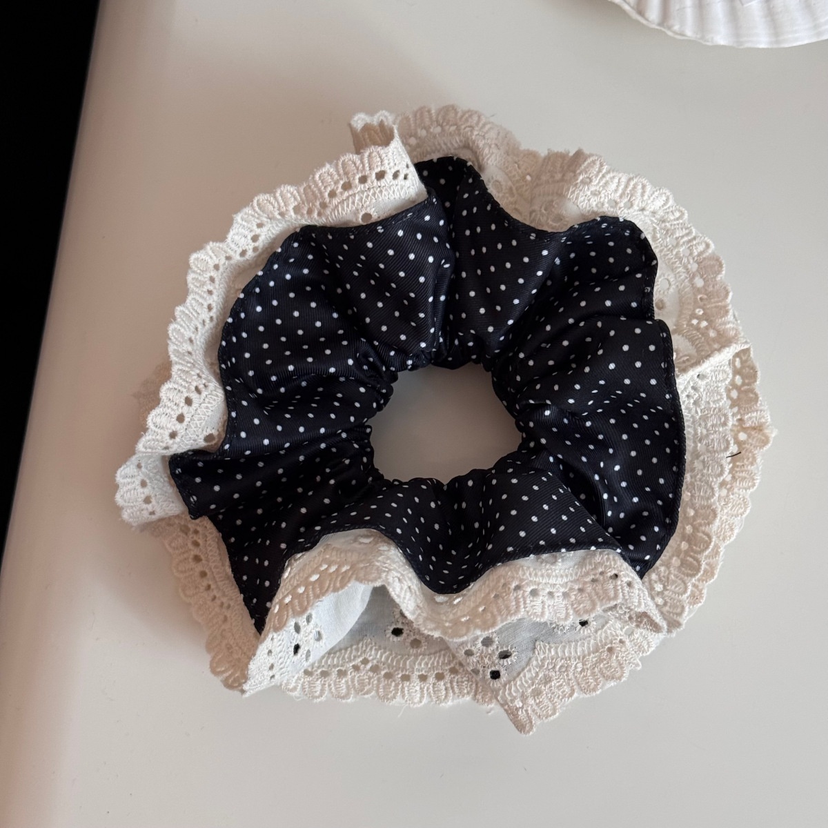 Women's Winter Cloth Hair Tie Accessory Black And White Polka Dot Lace