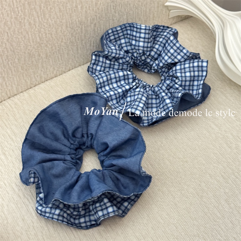 Women's Comfortable Cloth Scrunchies Hair Tie Blue Color Block Checkered
