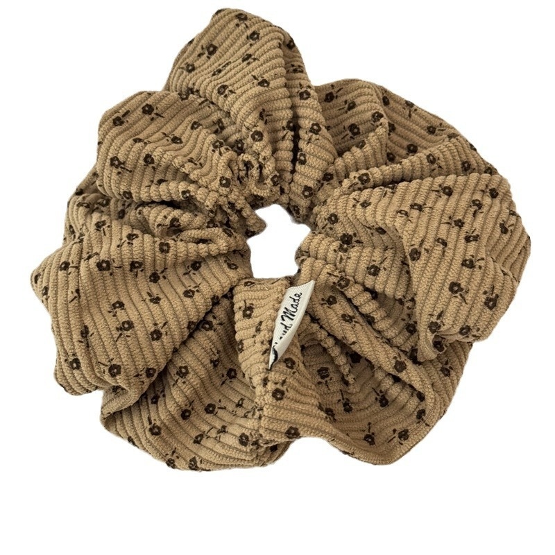 Women's Fall Winter Corduroy Hair Tie Scrunchie Khaki Ditsy Floral