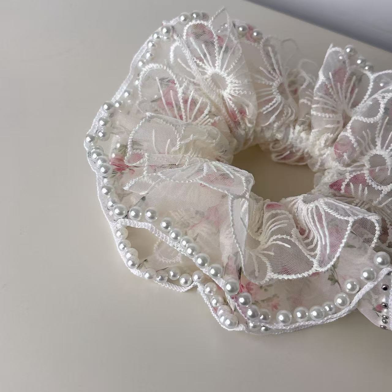 Women's Pearl Scrunchie Ponytail Tie Ditsy Floral Embroidered Lace