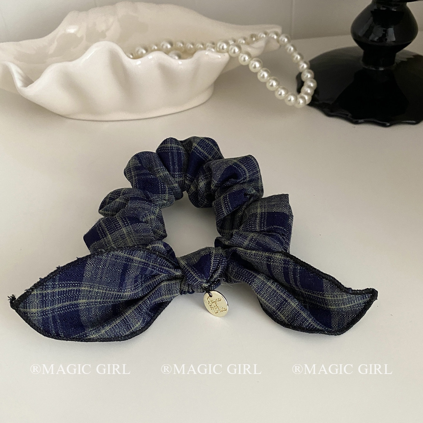 Women's Daily Cloth Bow Hair Tie Elastic Hairband Navy Blue Plaid